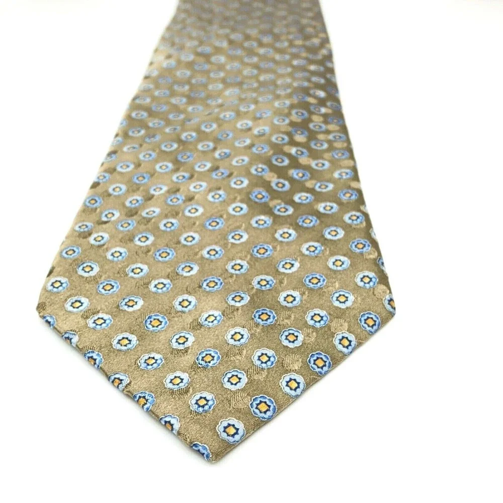 JOS A BANK Tie Grayish Beige Blue Yellow Floral 100% Silk Hand-sewn Necktie 59